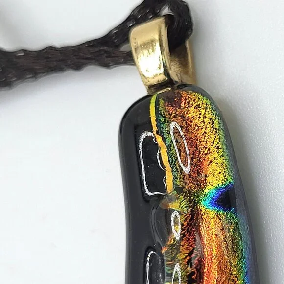 Curved Dichroic Fused Glass Pendant Gauze Double Strand Necklace 17" Signed TB - Picture 6 of 12